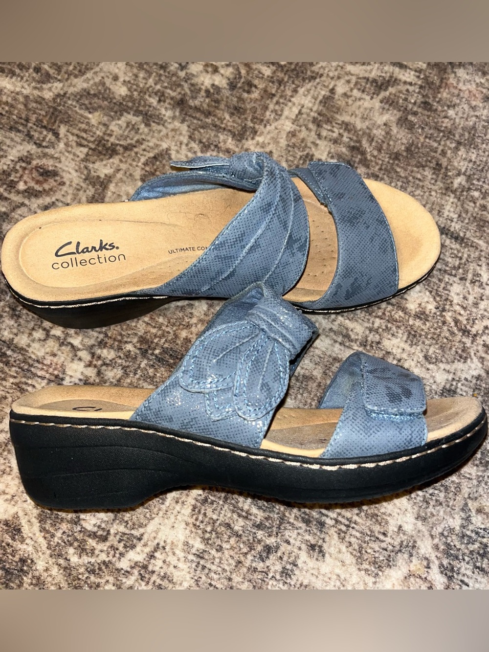 Clarks Women's Merliah Charm Blue Grey SANDAL WEDGE SLIP ON SIZE 8.5